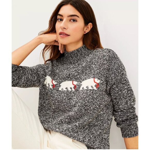 Loft Polar Bears Mock Neck Sweater Women's XL Marled Black White Stretch Knit - Picture 1 of 14